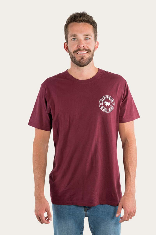 Signature Bull Mens Loose T-Shirt - Burgundy with White Print