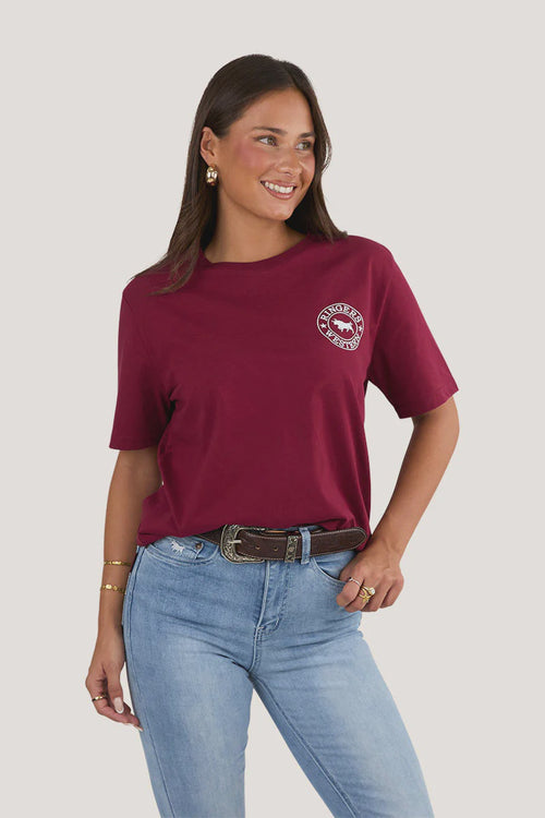 Signature Bull Womens LOOSE T-Shirt - Burgundy with White Print