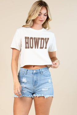 Western Howdy Graphic Tee Crop T- shirt: Beige