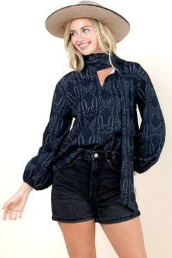 Western Boots Stitch Print  Scarf Blouse