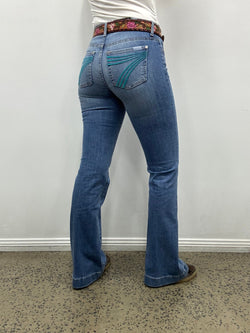 7 For All Mankind Dojo Aquamarine jeans with turquoise embroidered back pockets, 34-inch leg