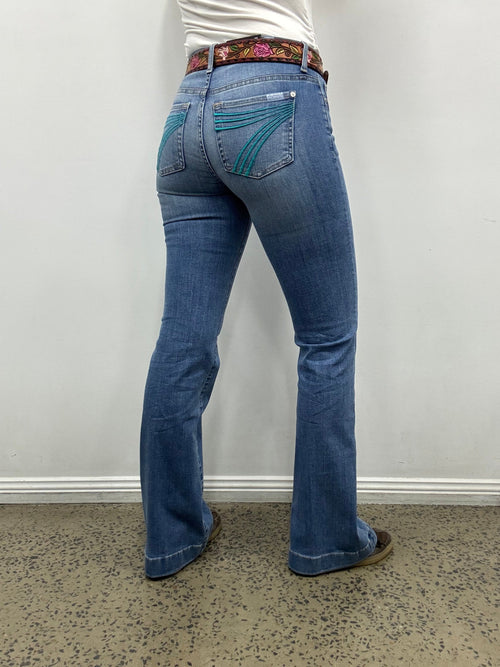 7 For All Mankind Dojo Aquamarine jeans with turquoise embroidered back pockets, 34-inch leg