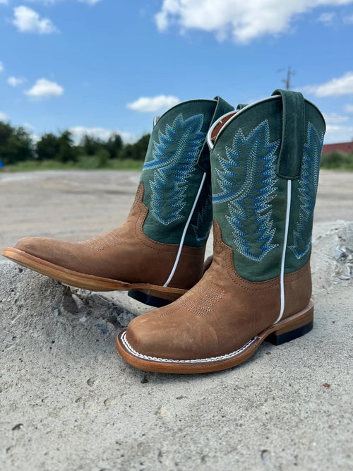 Horse Power Kids’ Tan & Green Pull Up Western Boot
