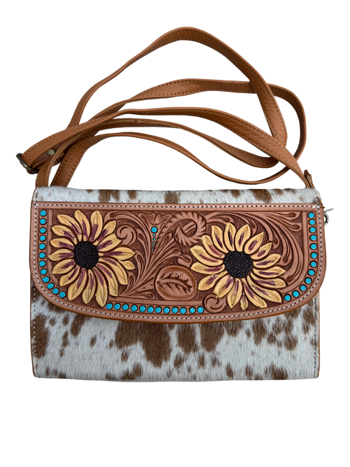 Cowhide Sunflower Tooling Leather Wallet Bag