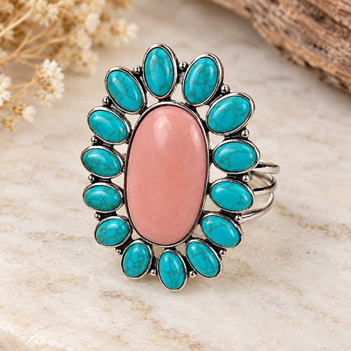 PINK Silver Metal with Pink and Blue Turquoise Stone Large Oval Bungle
