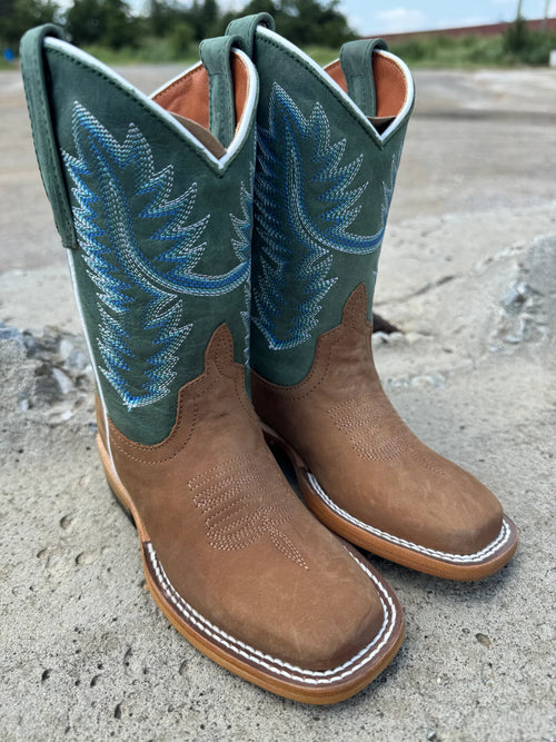 Horse Power Kids’ Tan & Green Pull Up Western Boot
