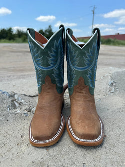 Horse Power Kids’ Tan & Green Pull Up Western Boot