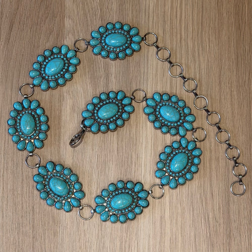 39 Inches Long Blue Turquoise Stone Conchos Adjustable Chain Belt