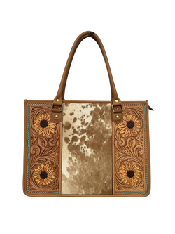 Cowhide Sunflower Tooling Leather Big Bag