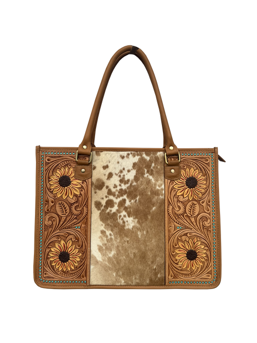 Cowhide Sunflower Tooling Leather Big Bag