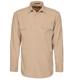 Mens Pilbara Closed Front Long Sleeve Shirt Stone