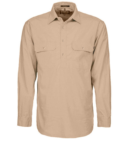 Mens Pilbara Closed Front Long Sleeve Shirt Stone