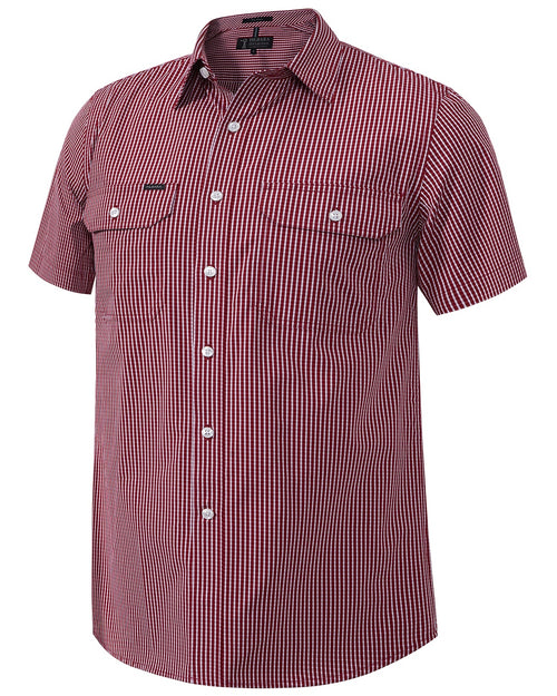 Pilbara Men's Y/D Check, Dual Pocket, S/S Shirt Maroon-Navy-White
