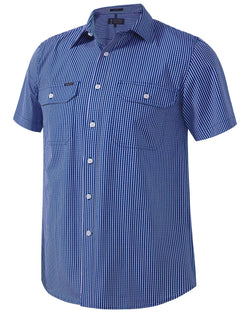 Pilbara Men's Y/D Check, Dual Pocket, S/S Shirt Cobalt Blue-Navy-White