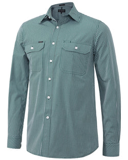 Pilbara Men's Long Sleeve Shirt - Double Pockets Green Check