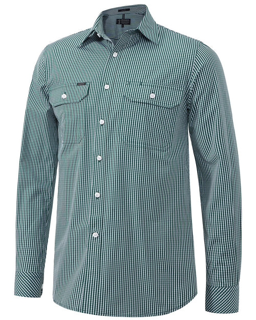 Pilbara Men's Long Sleeve Shirt - Double Pockets Green Check