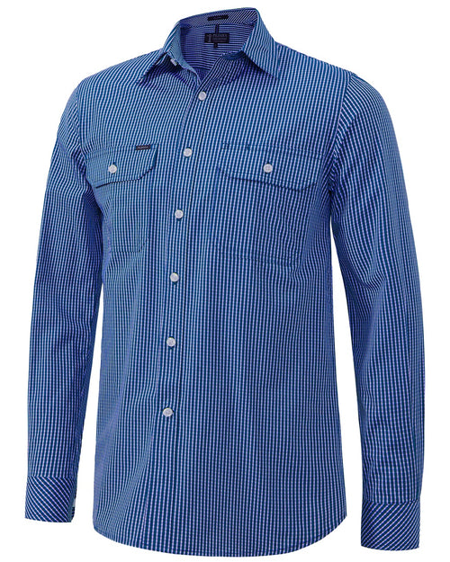 Pilbara Men's Long Sleeve Shirt - Double Pockets Blue Check