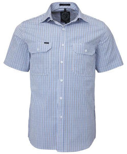Pilbara Men's Short Sleeve shirt, Double Pockets Blue-Navy-White