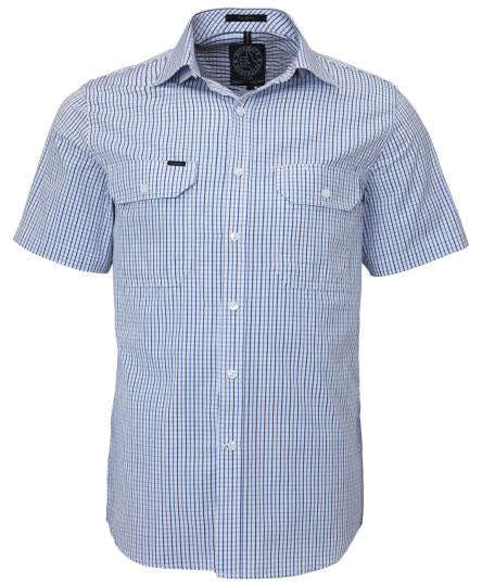Pilbara Men's Short Sleeve shirt, Double Pockets Blue-Navy-White