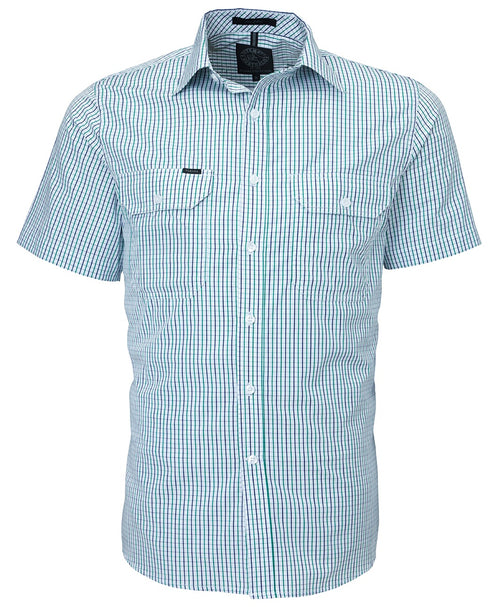 Pilbara Men's Short Sleeve shirt, Double Pockets Emerald-Navy-White