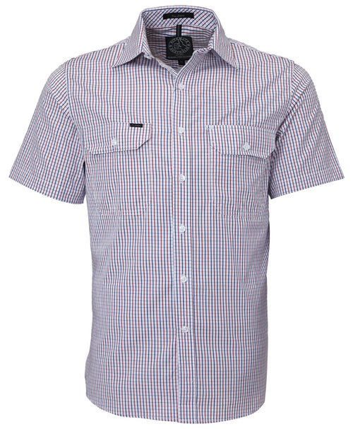 Pilbara Men's Short Sleeve shirt, Double Pockets Red-Navy-White