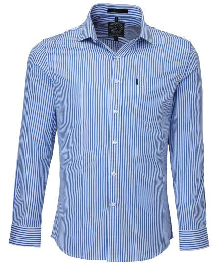 Pilbara Men's Long Sleeve Shirt, Single Pocket Blue-White-Stripe