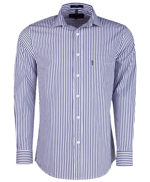 Pilbara Men's Long Sleeve Shirt, Single Pocket Navy-White-Stripe