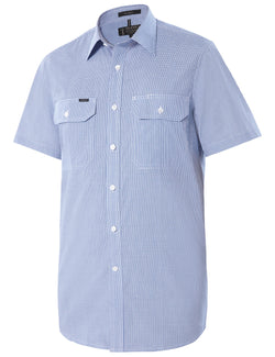 Pilbara Men's Y/D Check, Dual Pocket, S/S Shirt Blue-White-Check