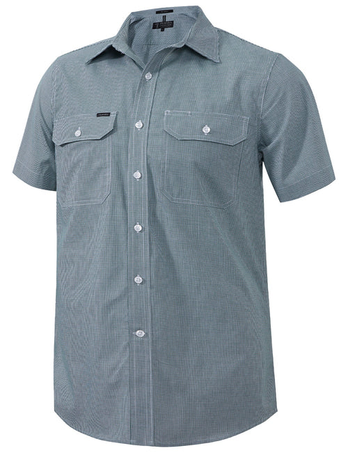 Pilbara Men's Y/D Check, Dual Pocket, S/S Shirt Green-White- Check