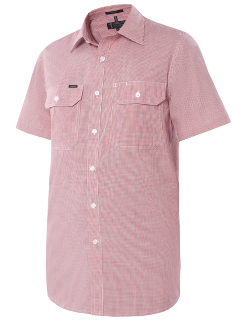 Pilbara Men's Y/D Check, Dual Pocket, S/S Shirt Red-White-Check