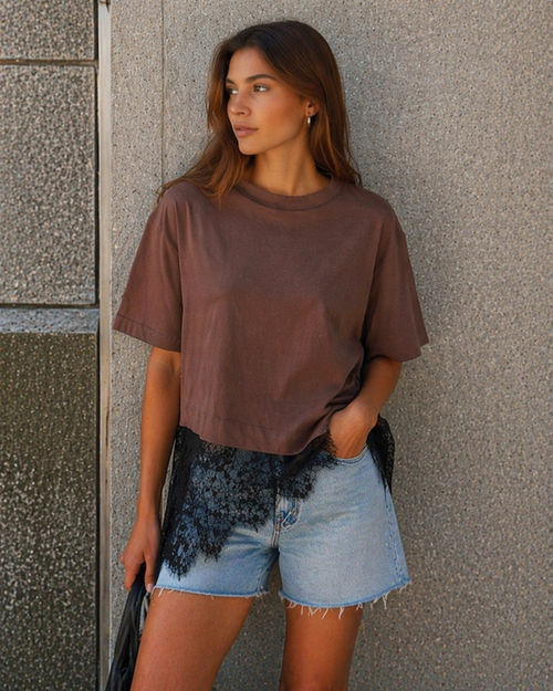 By Frankie Chocolate/Black Assym Lace Tee