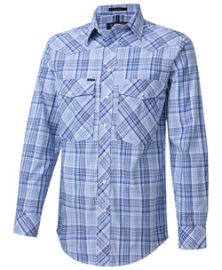 Pilbara Western Men's Snap Button L/S Shirt Blue-Navy-White