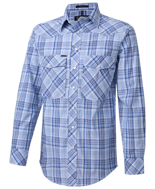 Pilbara Western Men's Snap Button L/S Shirt Blue-Navy-White