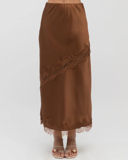 Lace Panel Detail Satin Skirt - Brown