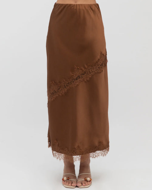 Lace Panel Detail Satin Skirt - Brown