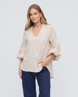 Linen V Neck Puff Sleeve Top - Oatmeal