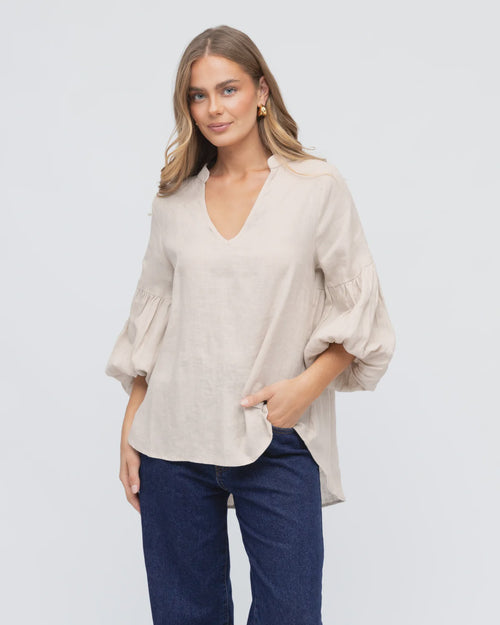 Linen V Neck Puff Sleeve Top - Oatmeal