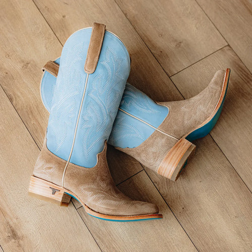 Lane Saratoga Square Boot — Latte Suede & Powder Blue