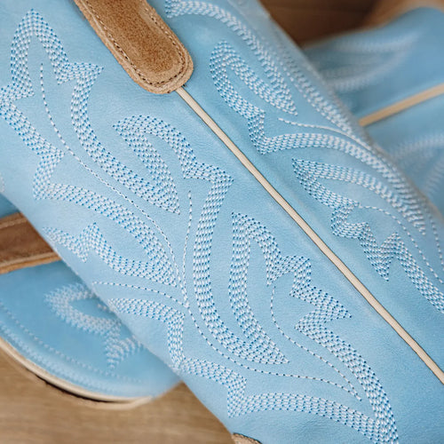 Lane Saratoga Square Boot — Latte Suede & Powder Blue