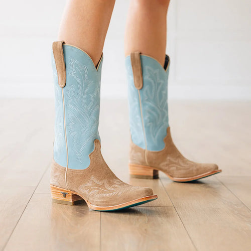 Lane Saratoga Square Boot — Latte Suede & Powder Blue